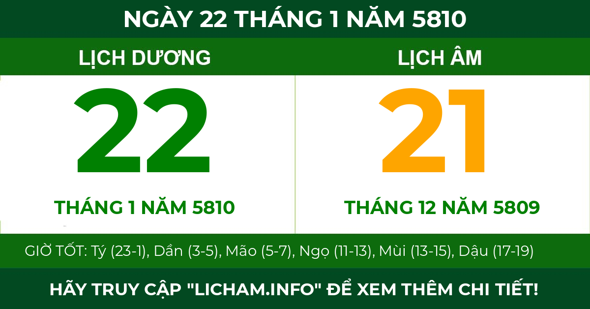 lịch âm ngày 22 tháng 1 năm 5810