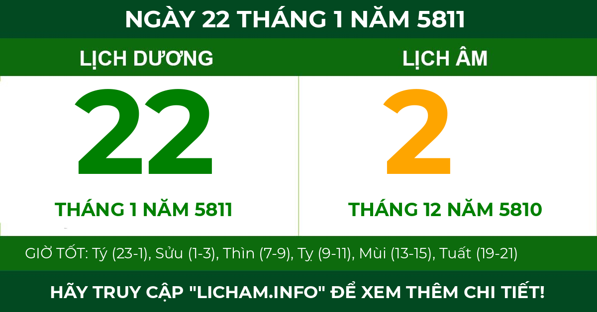 lịch âm ngày 22 tháng 1 năm 5811