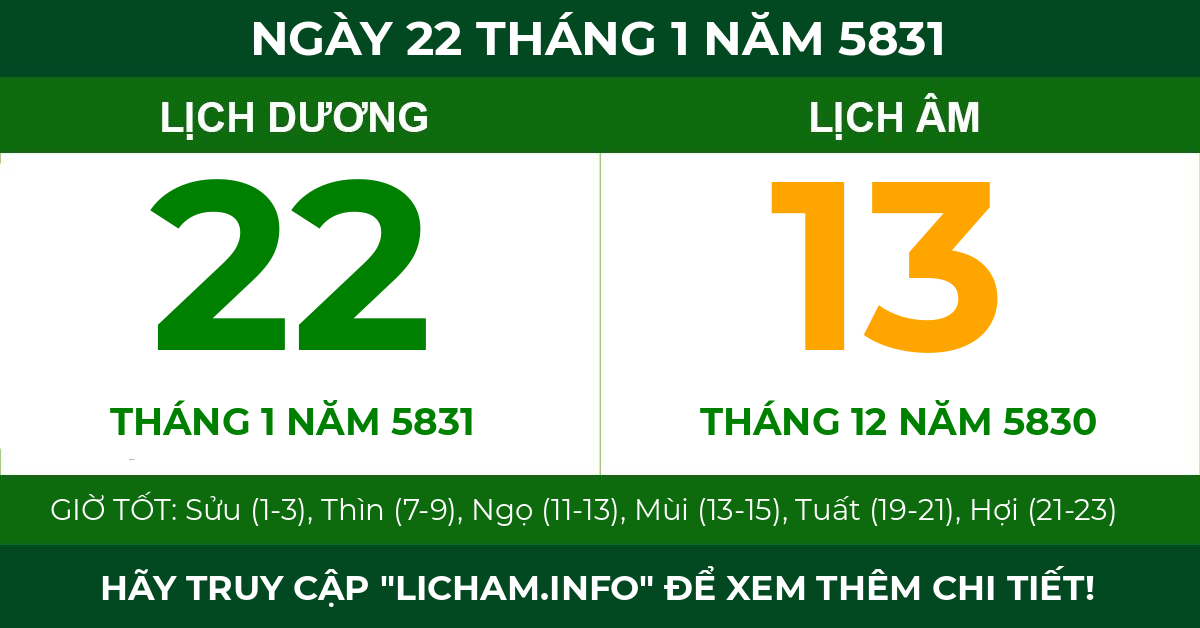 lịch âm ngày 22 tháng 1 năm 5831