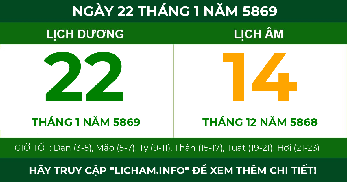 lịch âm ngày 22 tháng 1 năm 5869