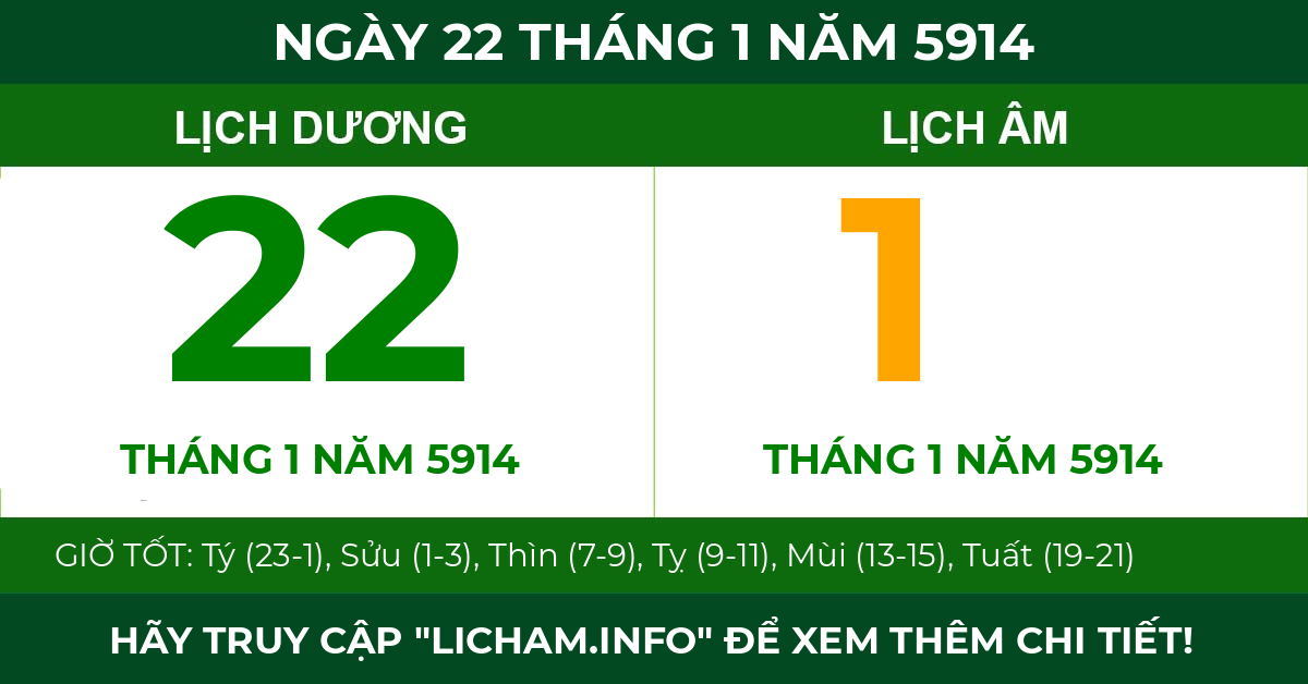 lịch âm ngày 22 tháng 1 năm 5914