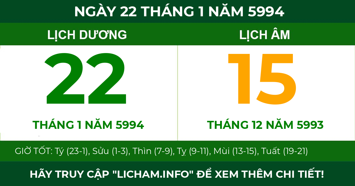 lịch âm ngày 22 tháng 1 năm 5994