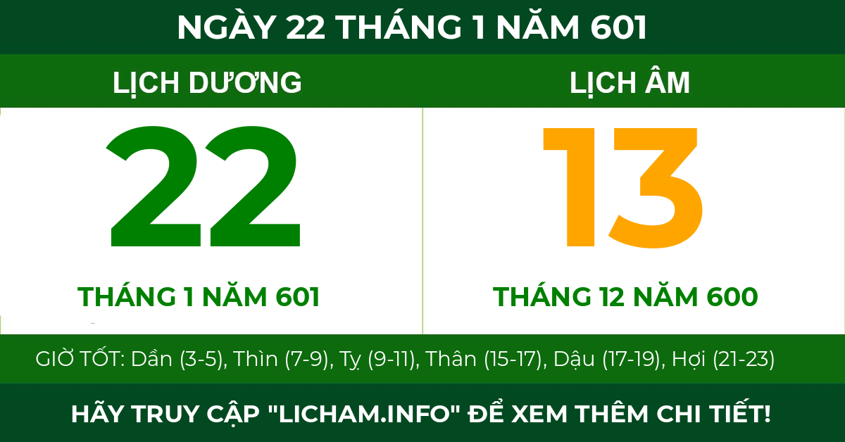 lịch âm ngày 22 tháng 1 năm 601