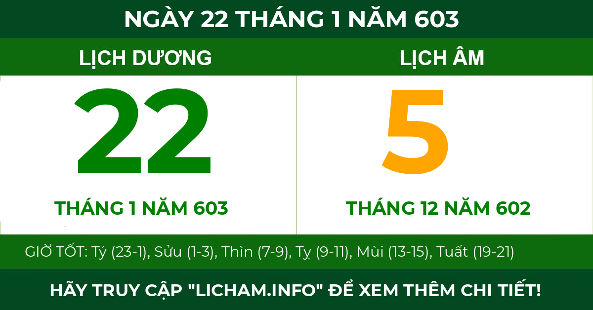 lịch âm ngày 22 tháng 1 năm 603