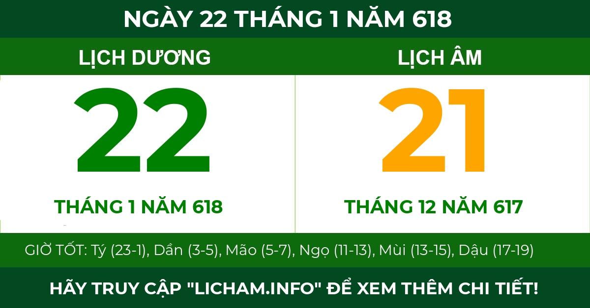lịch âm ngày 22 tháng 1 năm 618