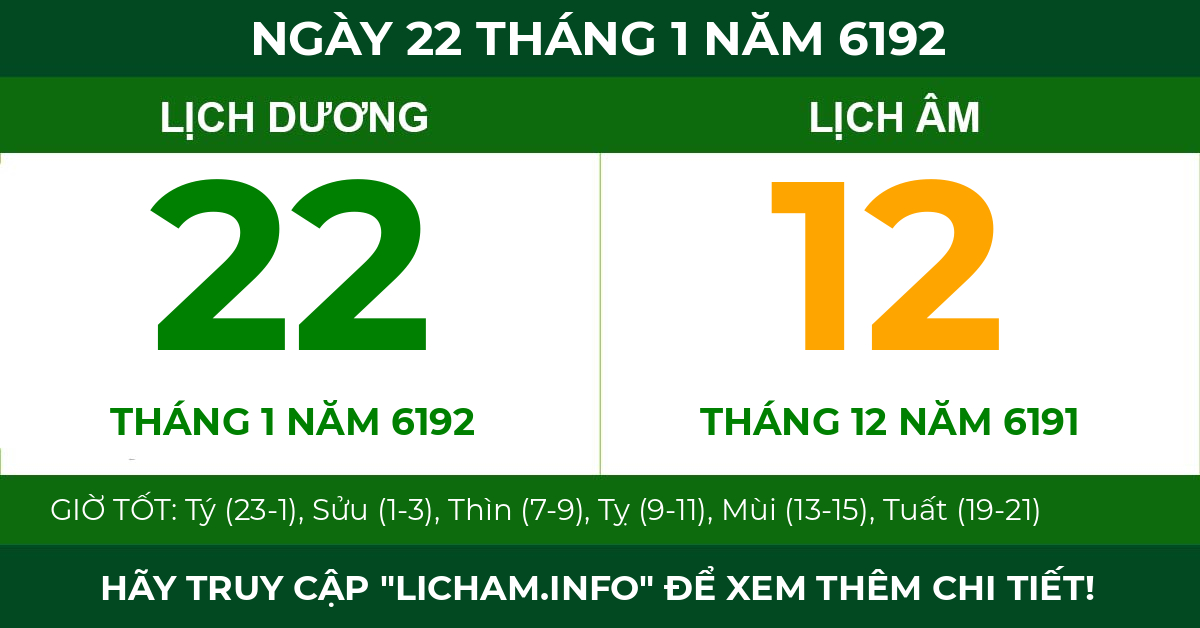 lịch âm ngày 22 tháng 1 năm 6192