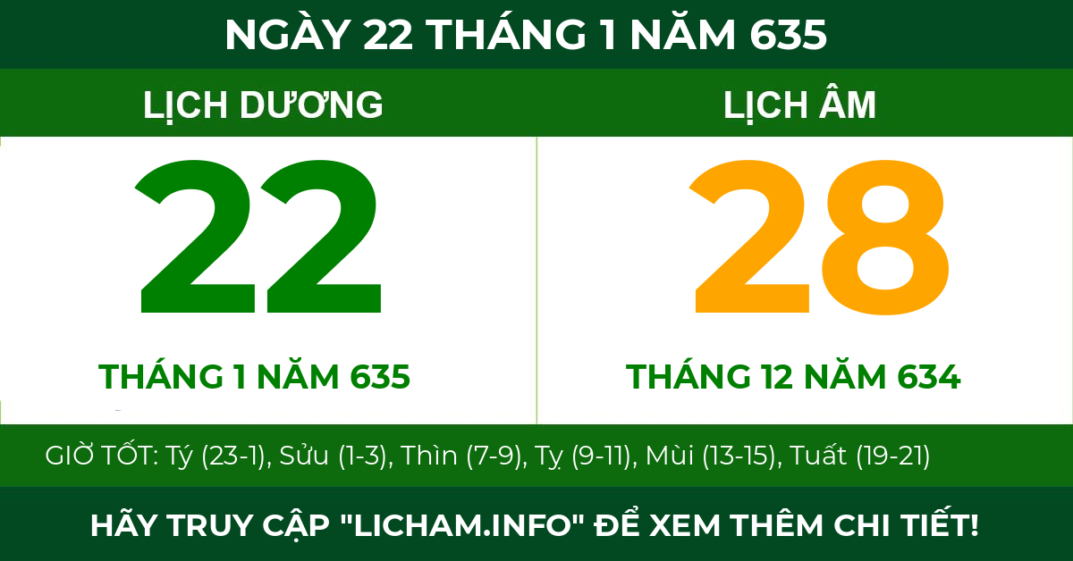 lịch âm ngày 22 tháng 1 năm 635