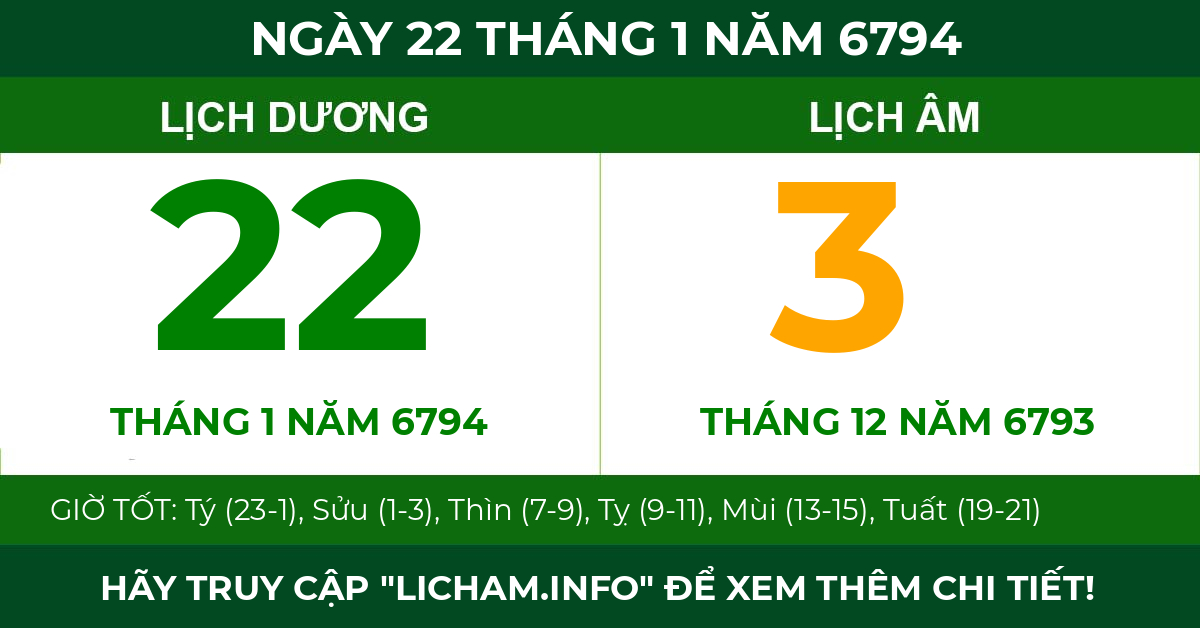 lịch âm ngày 22 tháng 1 năm 6794