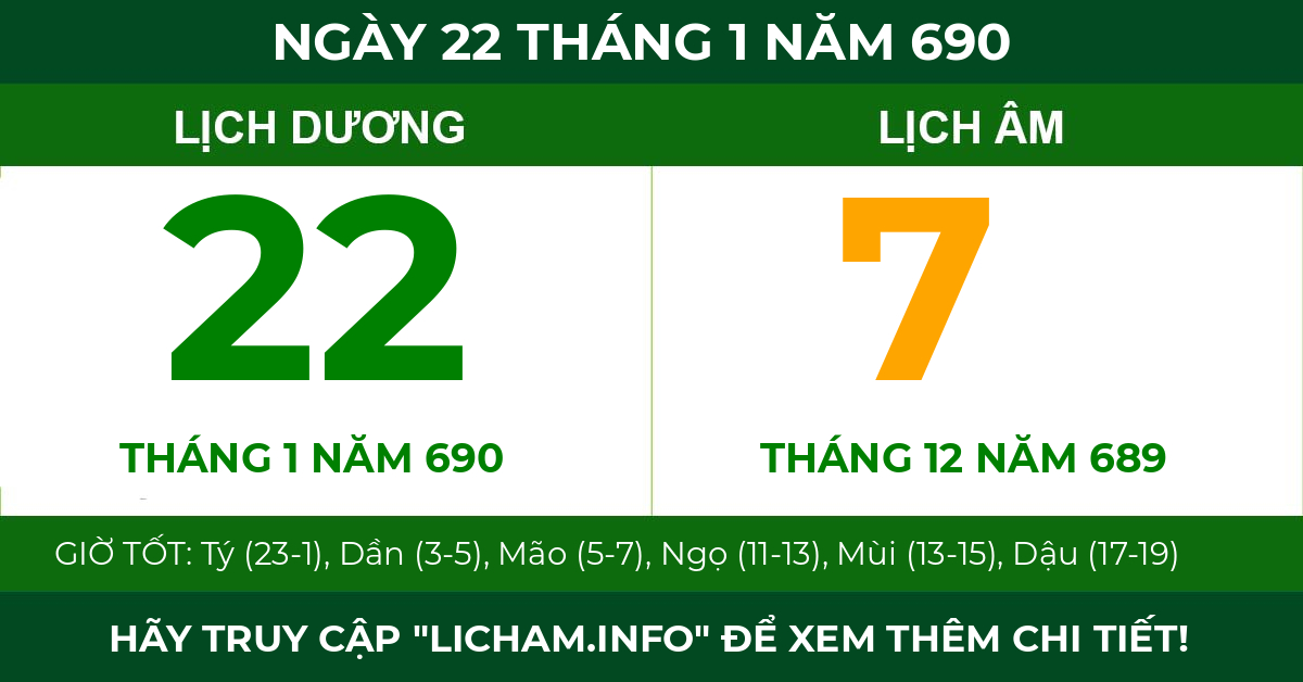 lịch âm ngày 22 tháng 1 năm 690