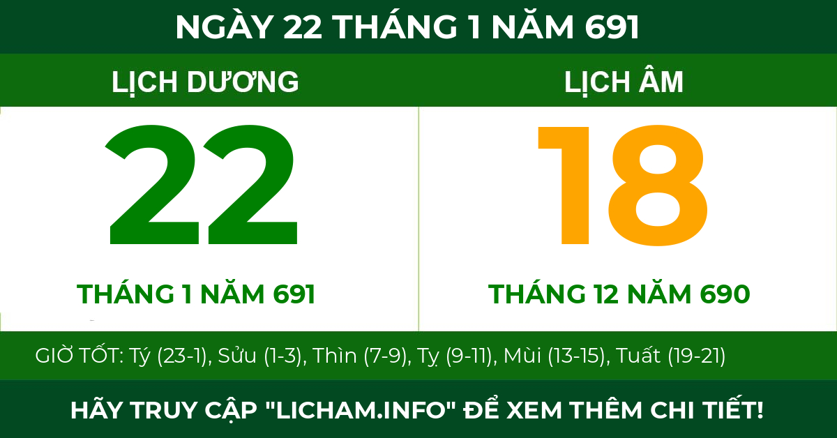 lịch âm ngày 22 tháng 1 năm 691