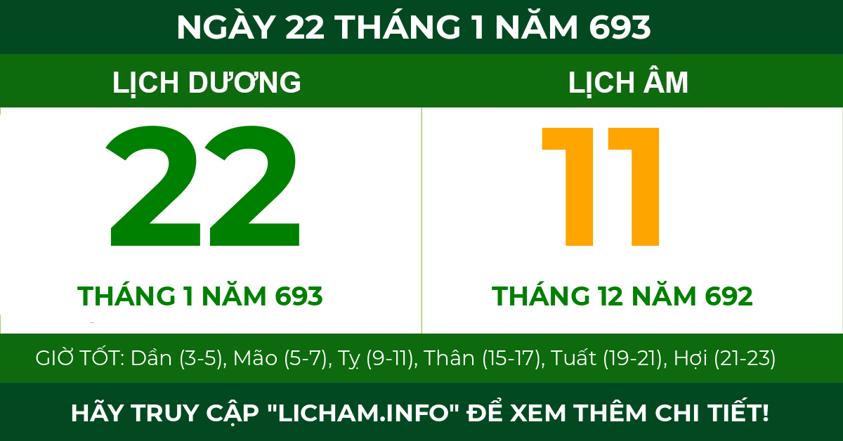 lịch âm ngày 22 tháng 1 năm 693