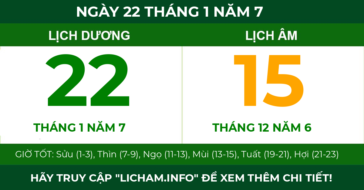 lịch âm ngày 22 tháng 1 năm 7