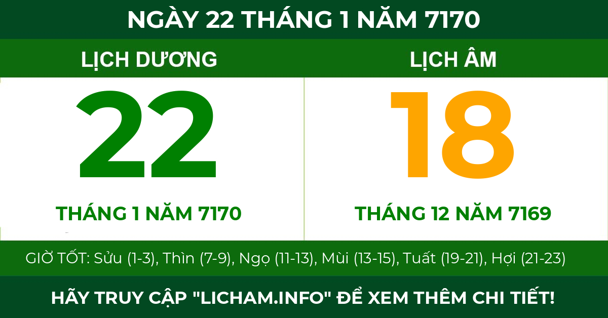 lịch âm ngày 22 tháng 1 năm 7170