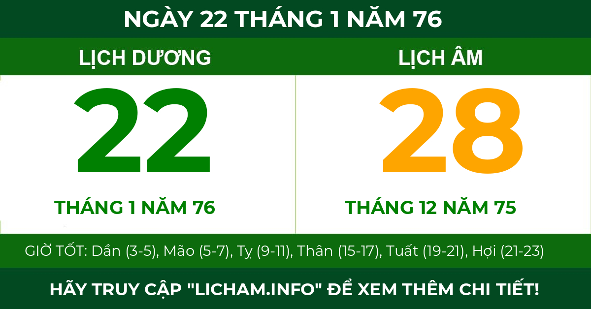 lịch âm ngày 22 tháng 1 năm 76