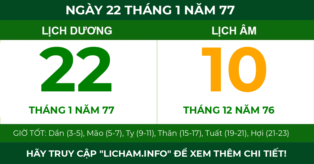 lịch âm ngày 22 tháng 1 năm 77