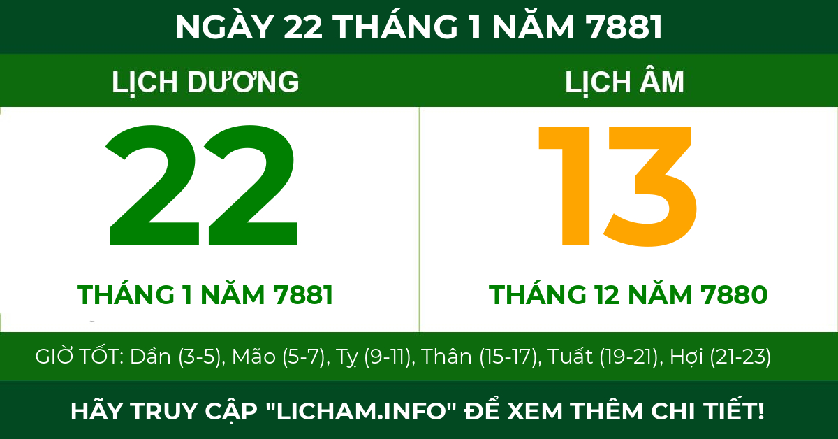 lịch âm ngày 22 tháng 1 năm 7881