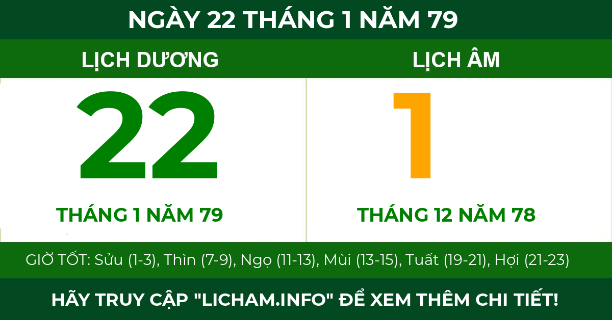 lịch âm ngày 22 tháng 1 năm 79