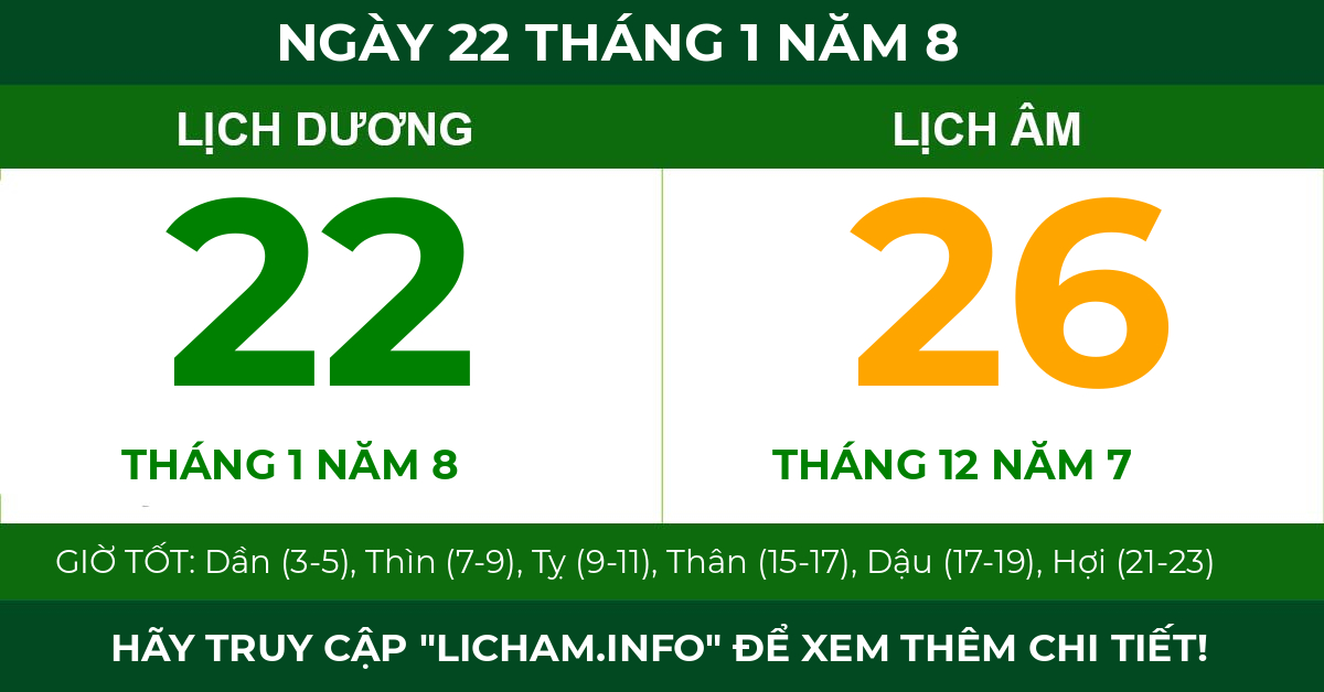 lịch âm ngày 22 tháng 1 năm 8