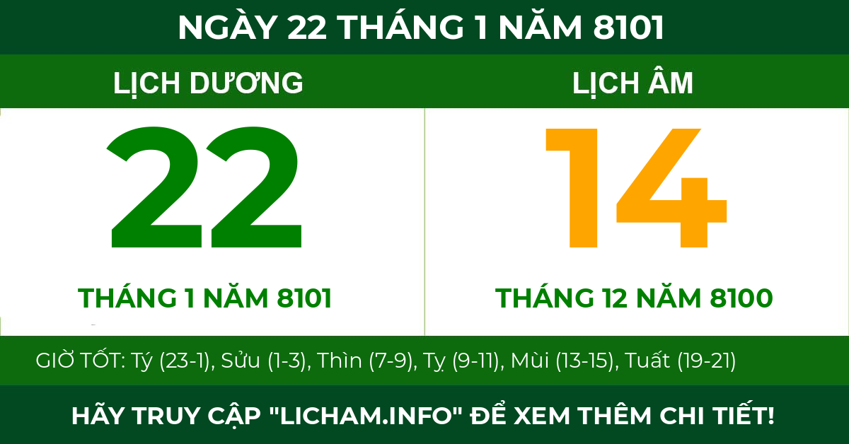 lịch âm ngày 22 tháng 1 năm 8101