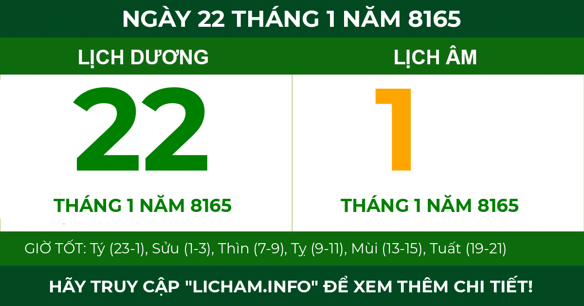 lịch âm ngày 22 tháng 1 năm 8165