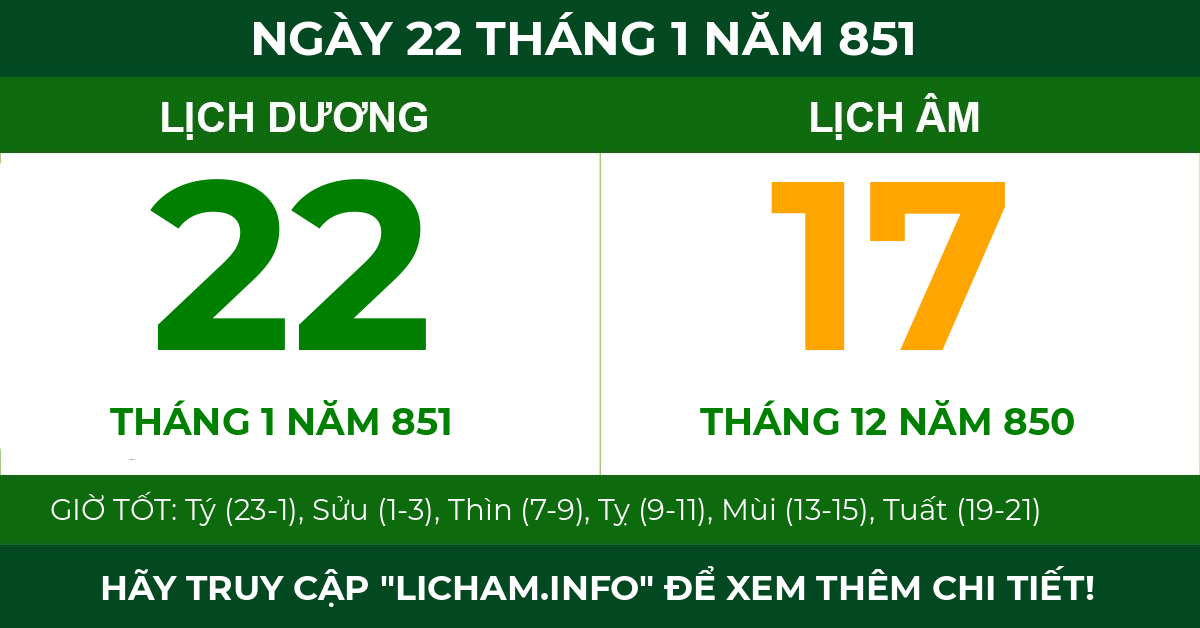 lịch âm ngày 22 tháng 1 năm 851