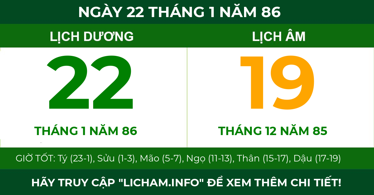 lịch âm ngày 22 tháng 1 năm 86