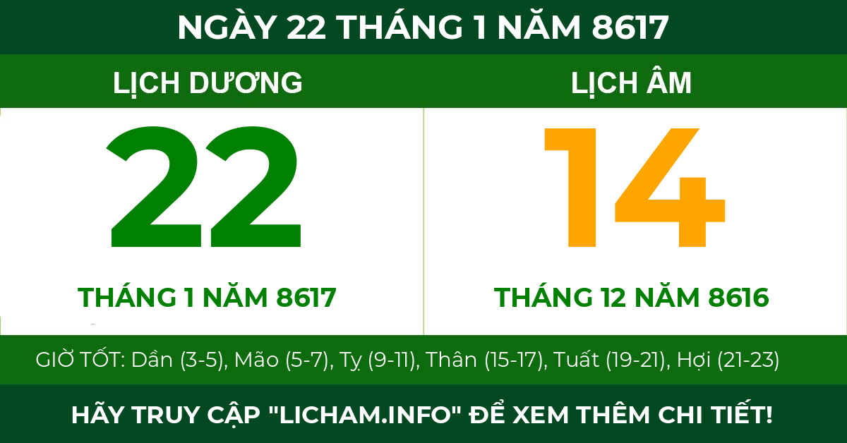 lịch âm ngày 22 tháng 1 năm 8617