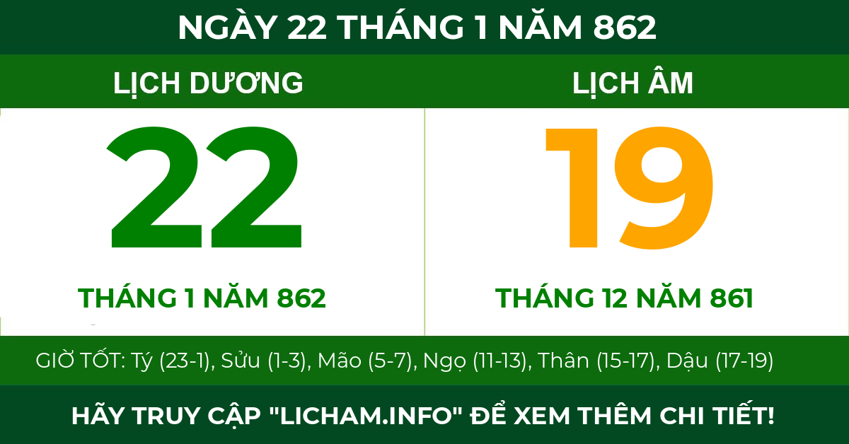 lịch âm ngày 22 tháng 1 năm 862