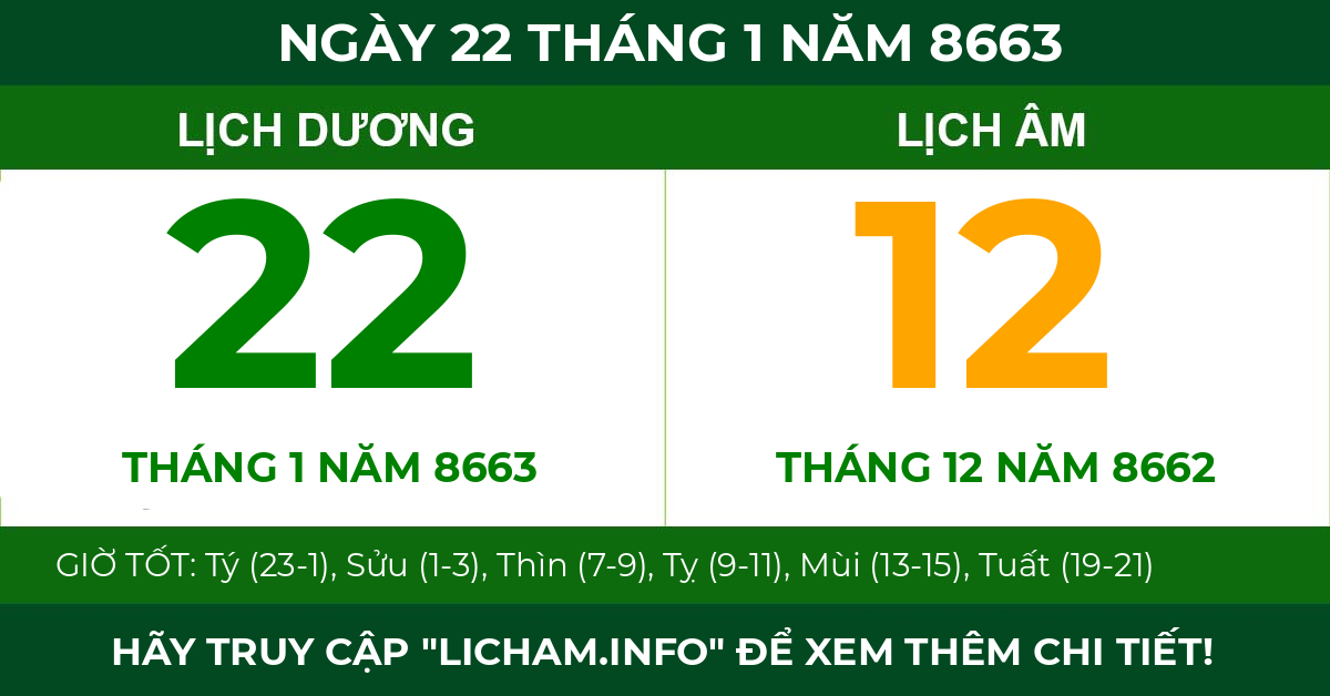 lịch âm ngày 22 tháng 1 năm 8663