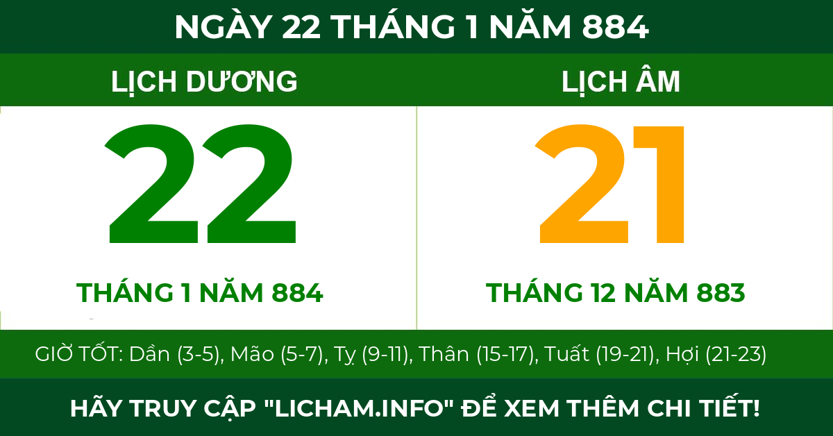 lịch âm ngày 22 tháng 1 năm 884