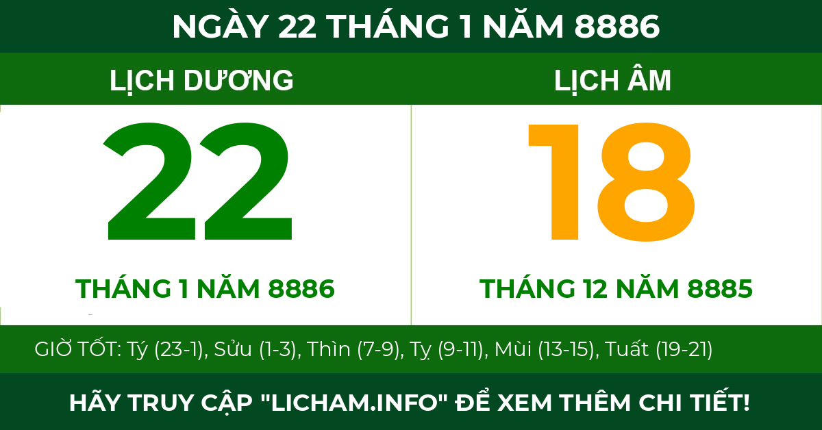 lịch âm ngày 22 tháng 1 năm 8886