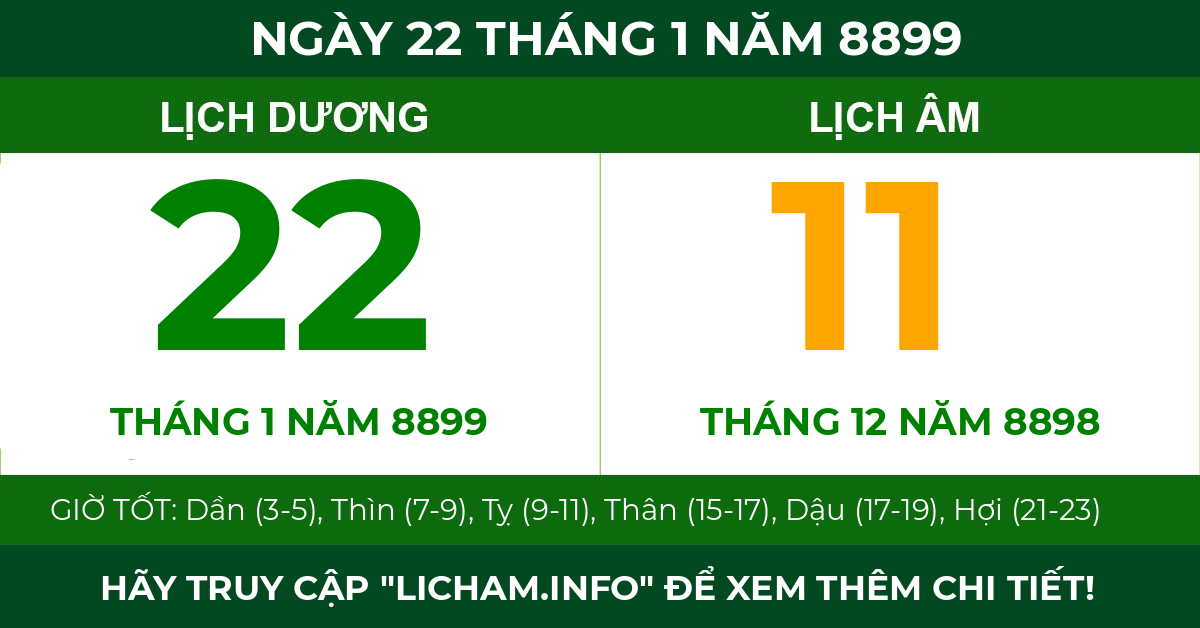 lịch âm ngày 22 tháng 1 năm 8899