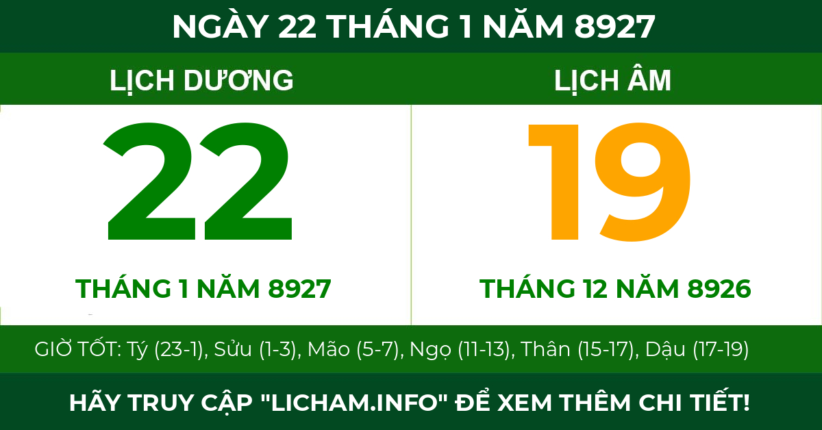 lịch âm ngày 22 tháng 1 năm 8927
