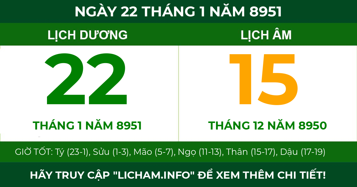 lịch âm ngày 22 tháng 1 năm 8951
