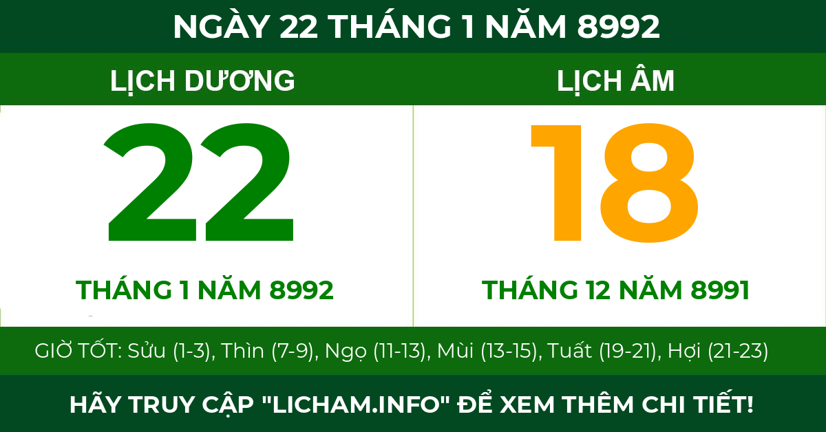 lịch âm ngày 22 tháng 1 năm 8992