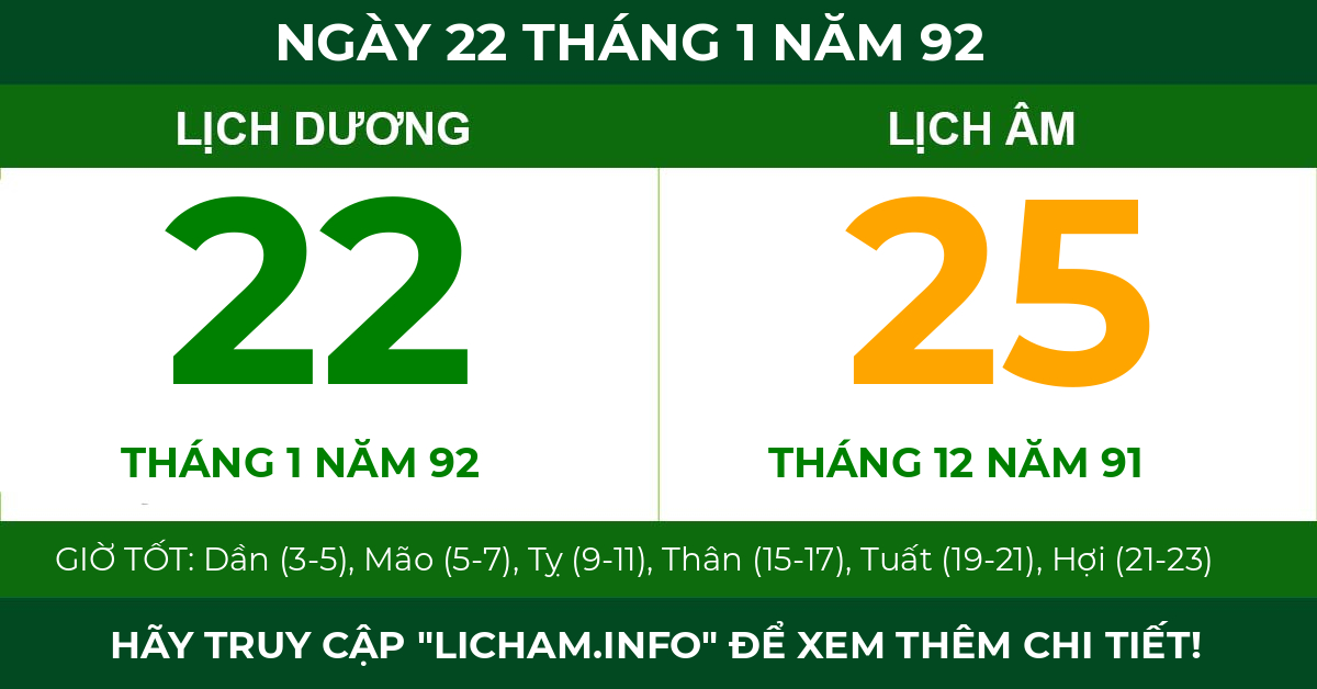 lịch âm ngày 22 tháng 1 năm 92