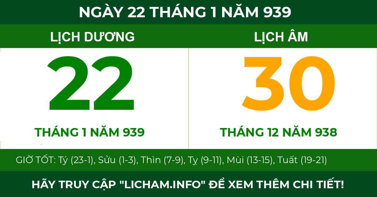 lịch âm ngày 22 tháng 1 năm 939