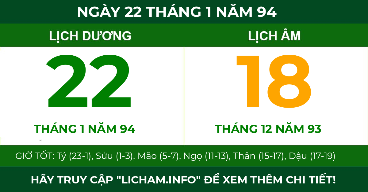 lịch âm ngày 22 tháng 1 năm 94