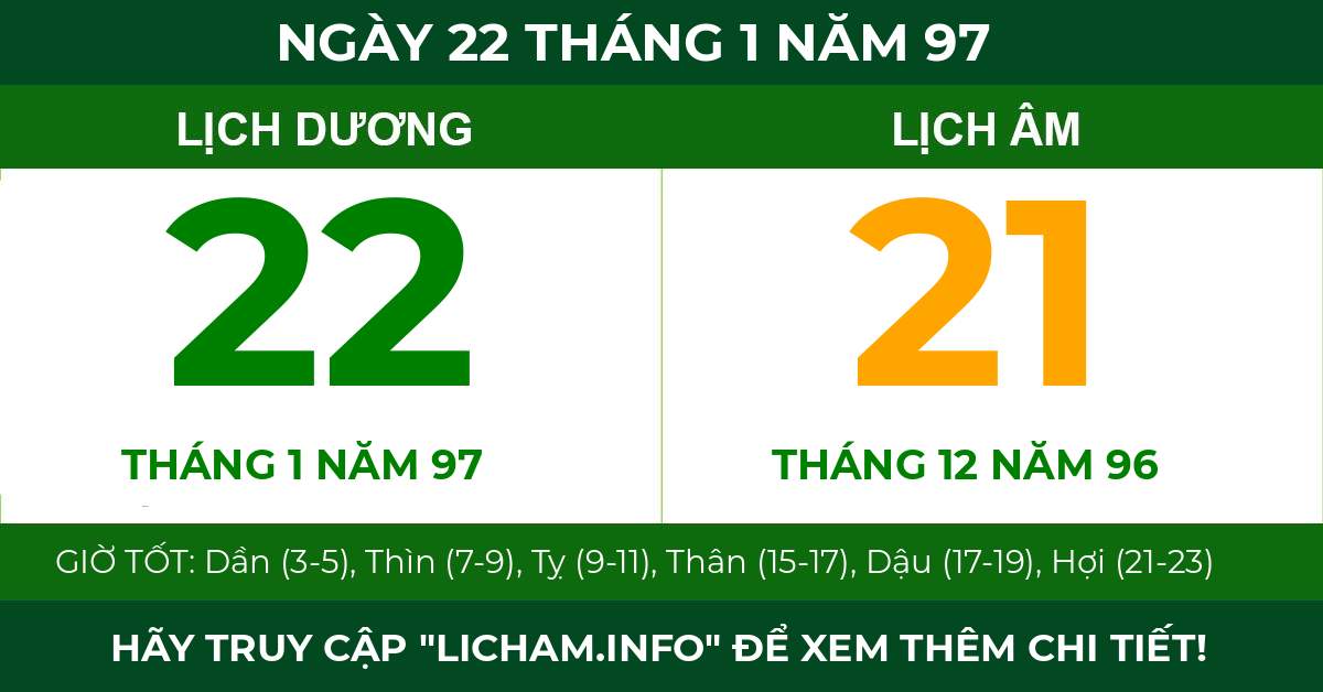 lịch âm ngày 22 tháng 1 năm 97