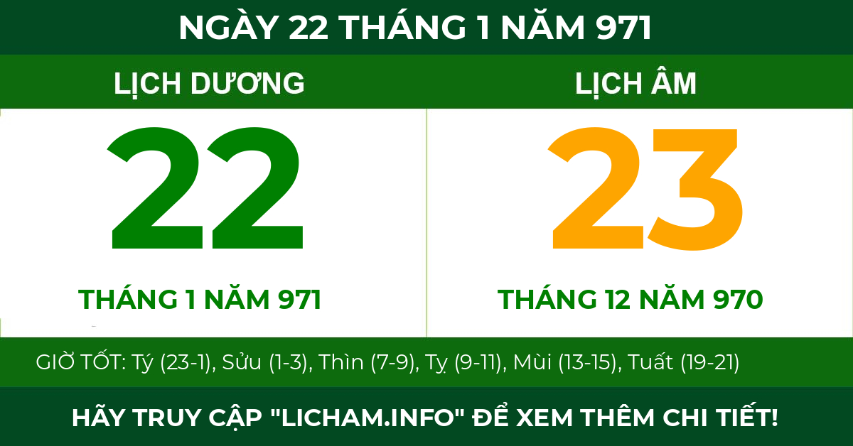 lịch âm ngày 22 tháng 1 năm 971