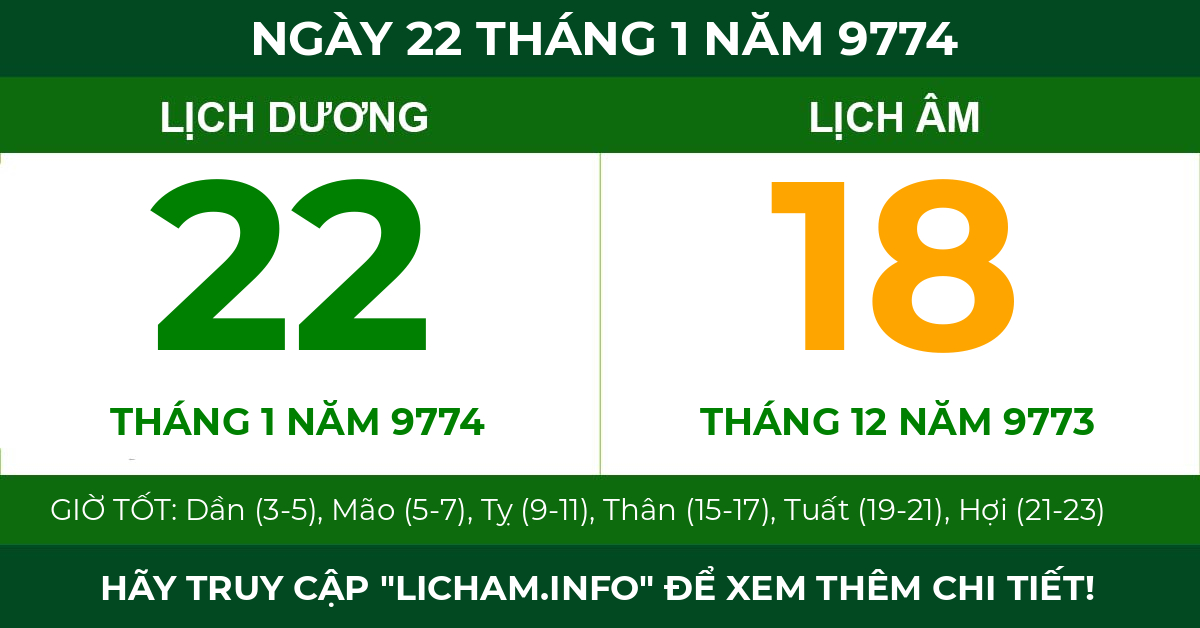 lịch âm ngày 22 tháng 1 năm 9774