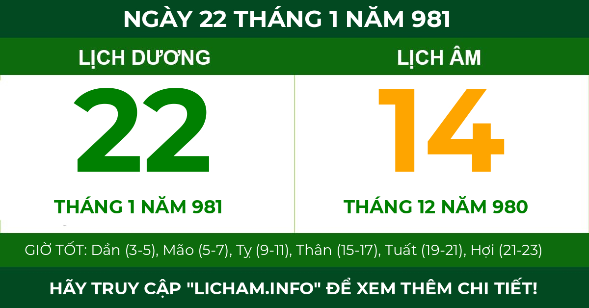 lịch âm ngày 22 tháng 1 năm 981