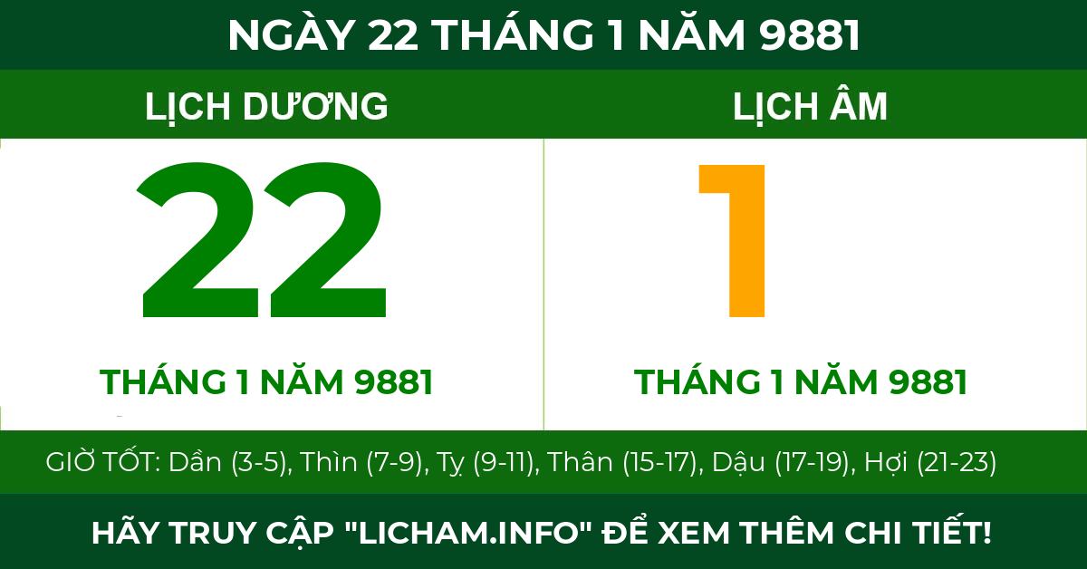 lịch âm ngày 22 tháng 1 năm 9881
