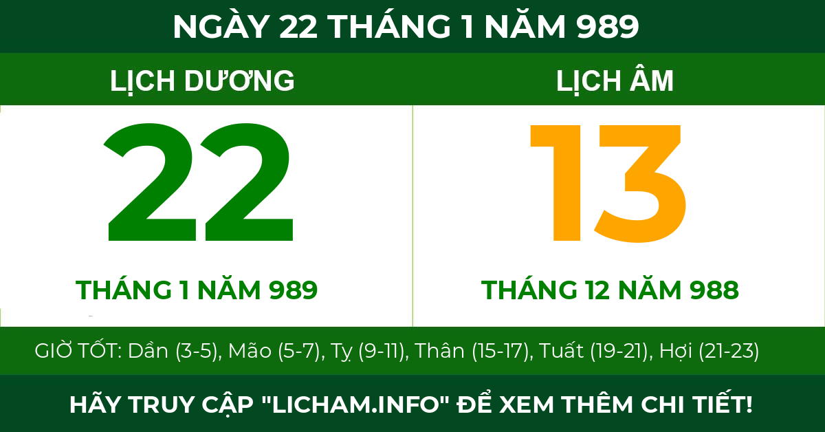 lịch âm ngày 22 tháng 1 năm 989