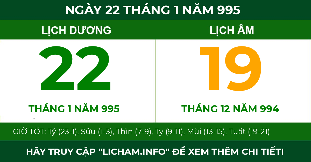 lịch âm ngày 22 tháng 1 năm 995