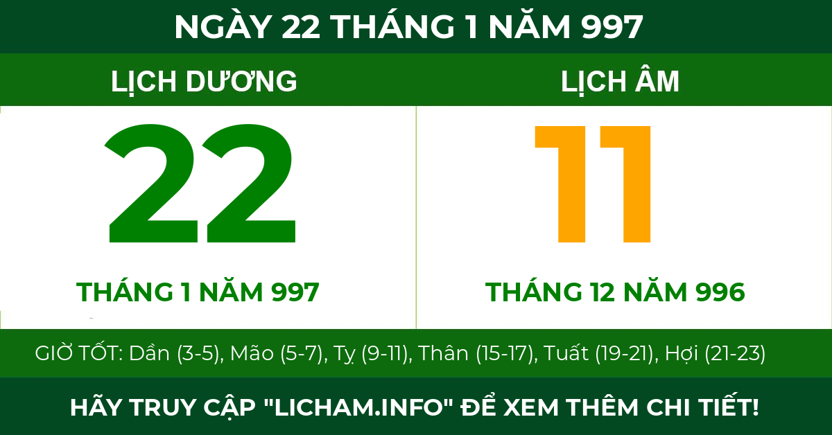 lịch âm ngày 22 tháng 1 năm 997