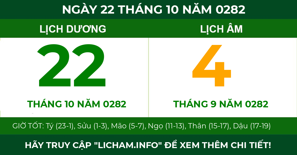 lịch âm ngày 22 tháng 10 năm 0282