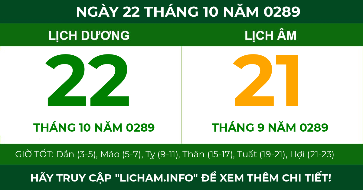 lịch âm ngày 22 tháng 10 năm 0289