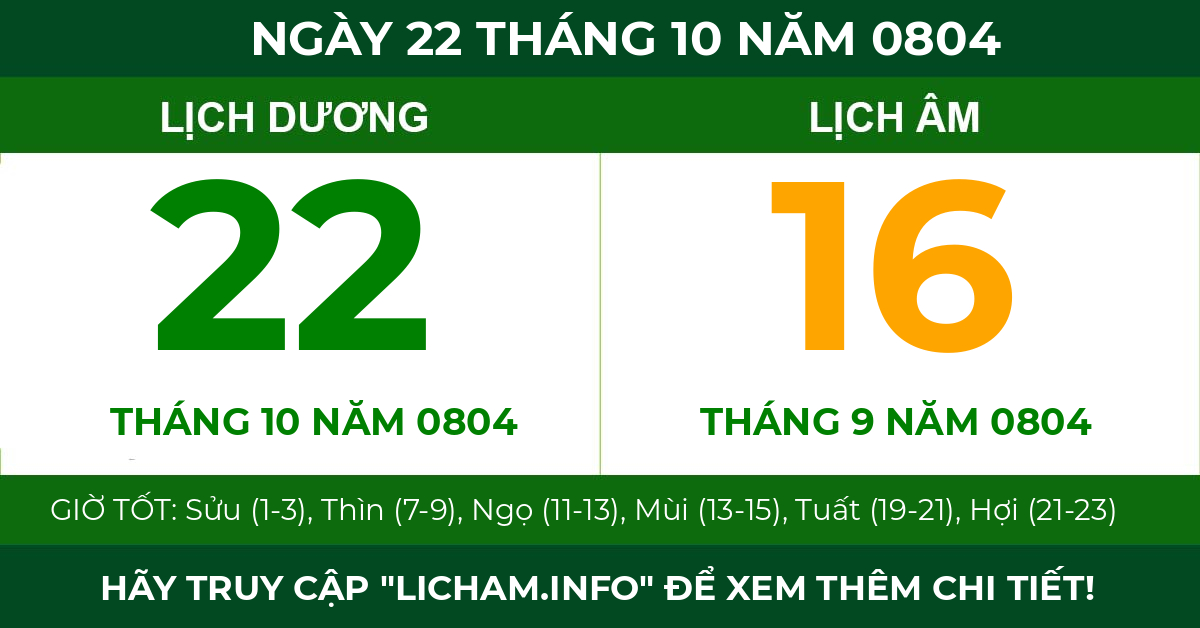 lịch âm ngày 22 tháng 10 năm 0804