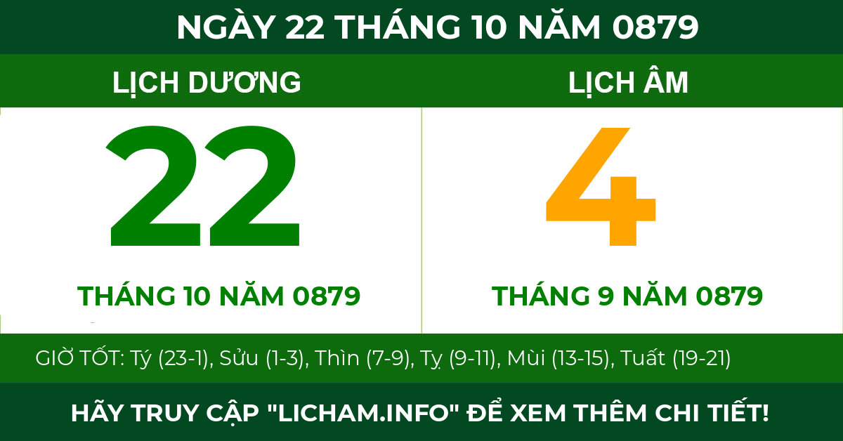 lịch âm ngày 22 tháng 10 năm 0879